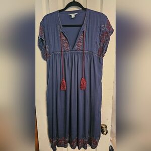 Embroidered Navy Blue Dress with Red Accents